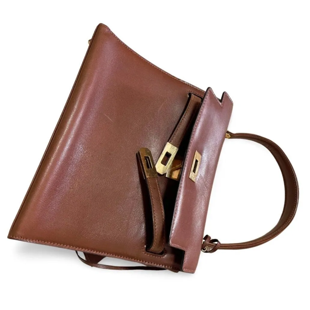 80's vintage BALLY brown boxcalf leather kelly bag with gold tone hardware closure. Classic masterpiece handbag. 060118ya