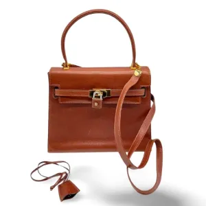 80's vintage BALLY brown boxcalf leather kelly bag with gold tone hardware closure. Classic masterpiece handbag. 060118ya