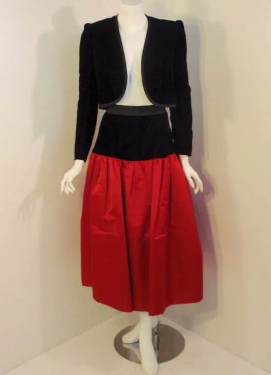ADOLFO 1980s 2 pc Red Satin Skirt and Black Velvet Jacket