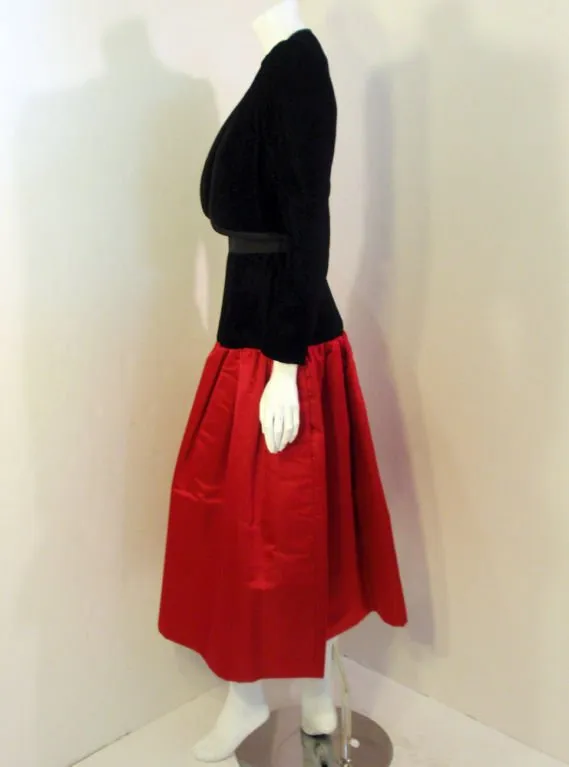 ADOLFO 1980s 2 pc Red Satin Skirt and Black Velvet Jacket