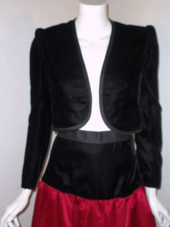 ADOLFO 1980s 2 pc Red Satin Skirt and Black Velvet Jacket