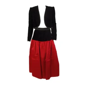 ADOLFO 1980s 2 pc Red Satin Skirt and Black Velvet Jacket