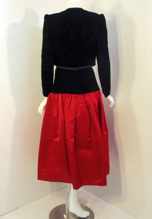 ADOLFO 1980s 2 pc Red Satin Skirt and Black Velvet Jacket