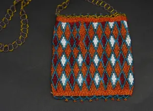 African Beaded Cell Phone Holder Bag OrangeGold Blue, White Long Shoulder Strap Handcrafted South Africa
