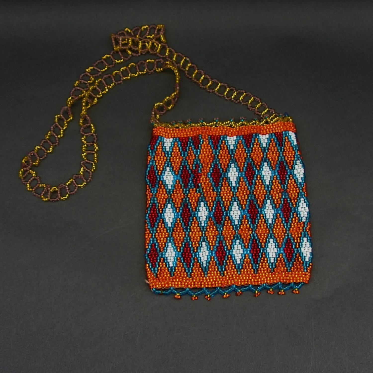 African Beaded Cell Phone Holder Bag OrangeGold Blue, White Long Shoulder Strap Handcrafted South Africa