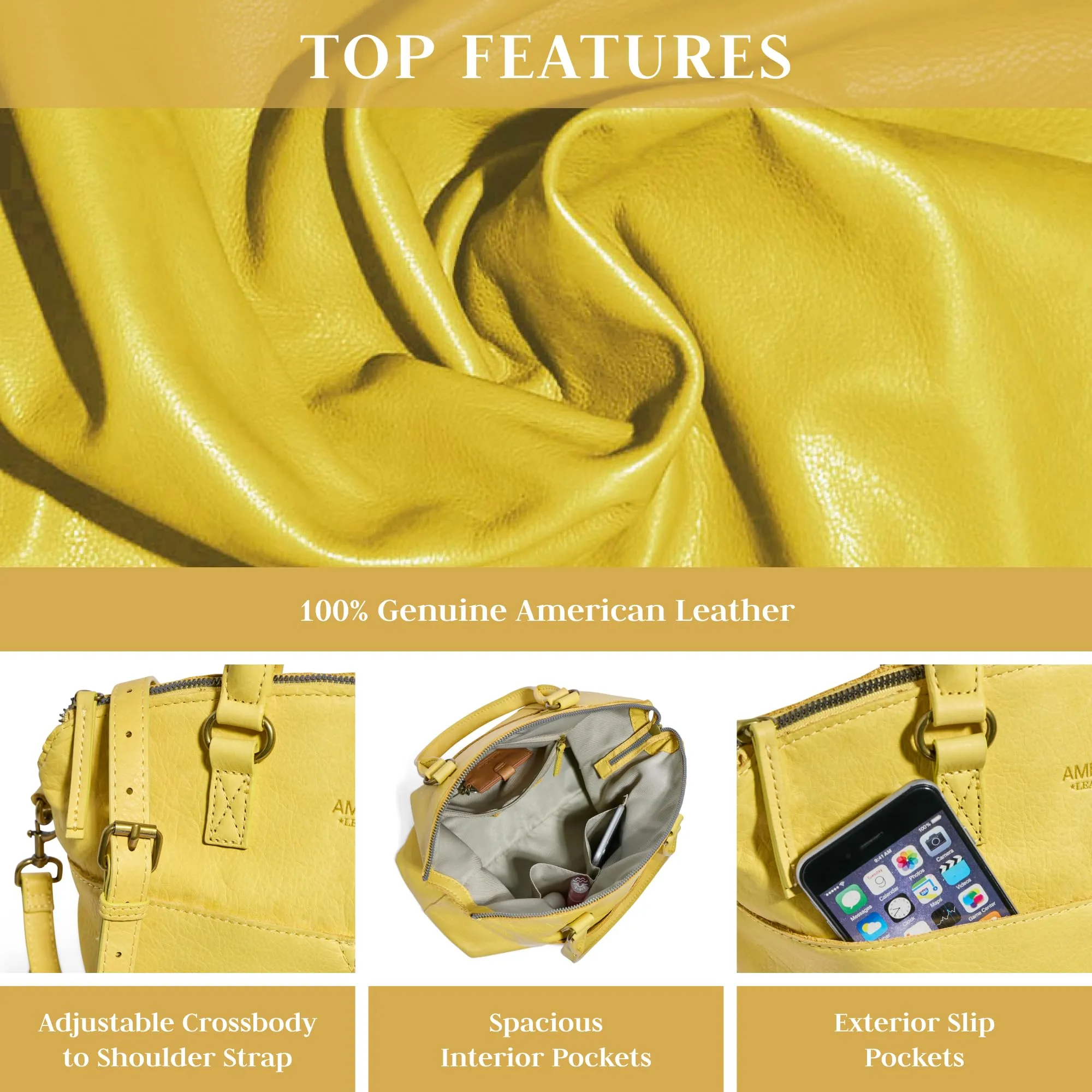 American Leather Co. Carrie Dome Satchel Crossbody Bag, Yellow, Soft Multi-Pocket Leather Purse, Crossbody Handbag with Convertible Strap, Functional & Fashionable Crossbody bags for Women