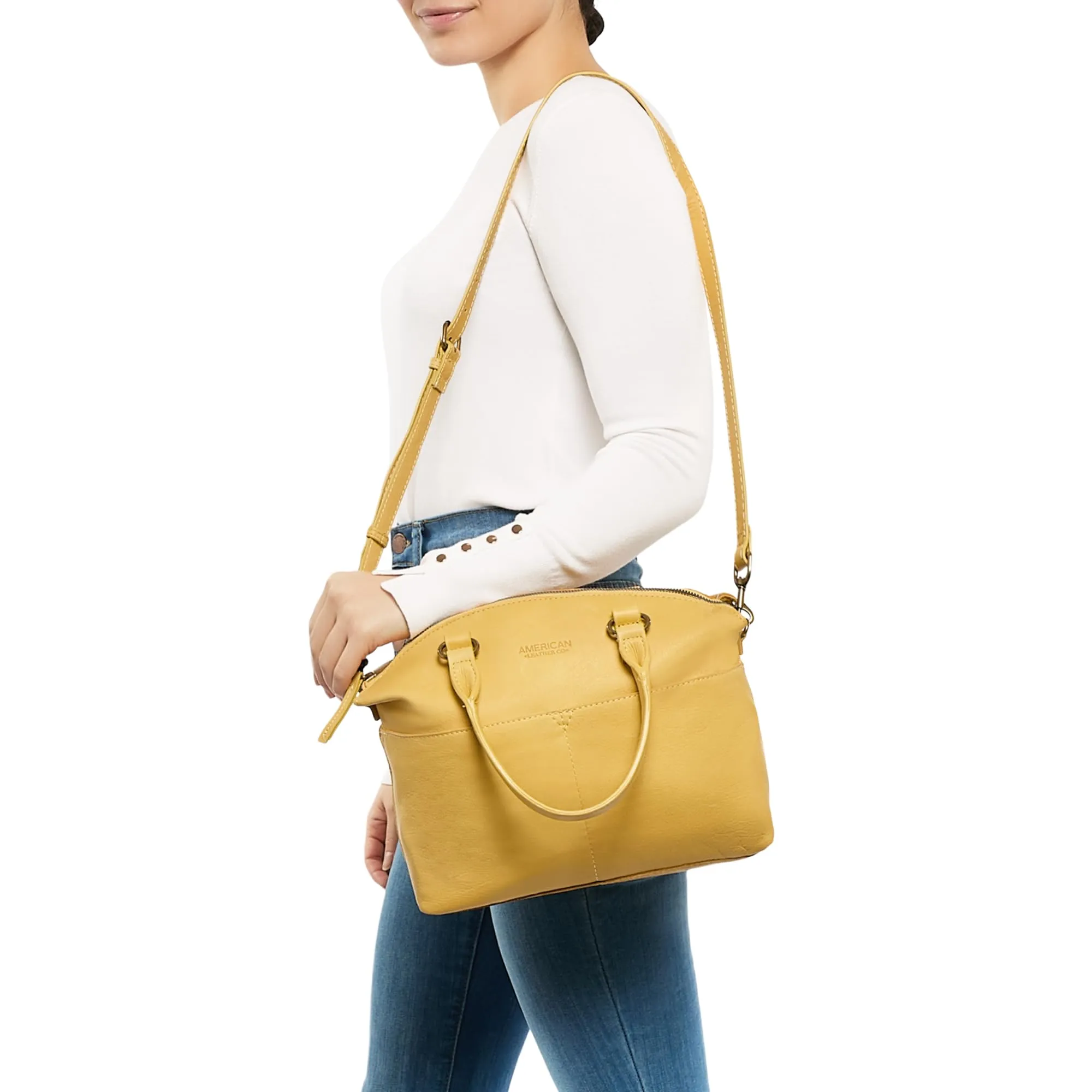 American Leather Co. Carrie Dome Satchel Crossbody Bag, Yellow, Soft Multi-Pocket Leather Purse, Crossbody Handbag with Convertible Strap, Functional & Fashionable Crossbody bags for Women