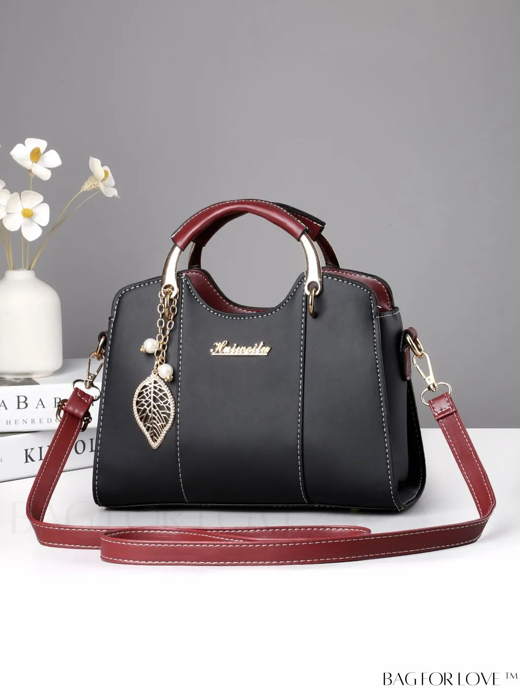 BagForLove - Chic Alphabet-Inspired Color Blocked Handbag with Leaf Ornament