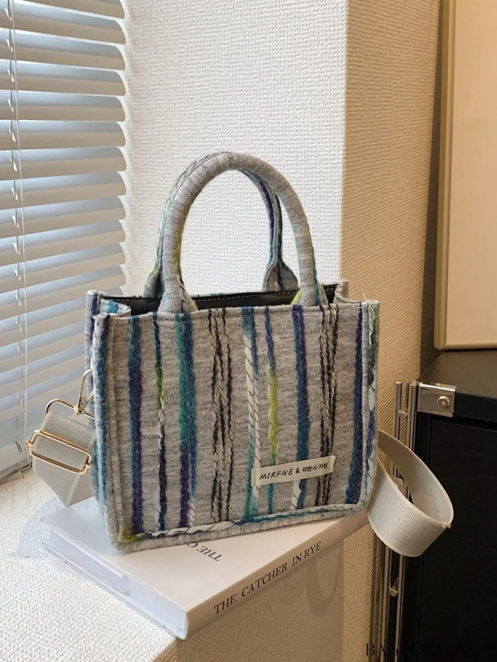 BagForLove - Chic Double Handle Colorblock Square Bag with Mini Letter Patch and Striped Pattern