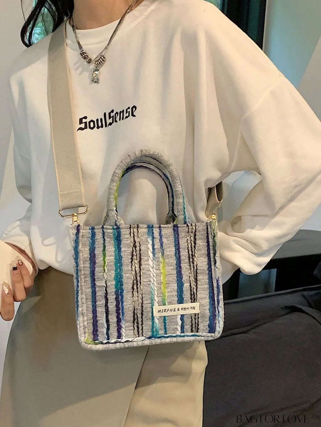 BagForLove - Chic Double Handle Colorblock Square Bag with Mini Letter Patch and Striped Pattern