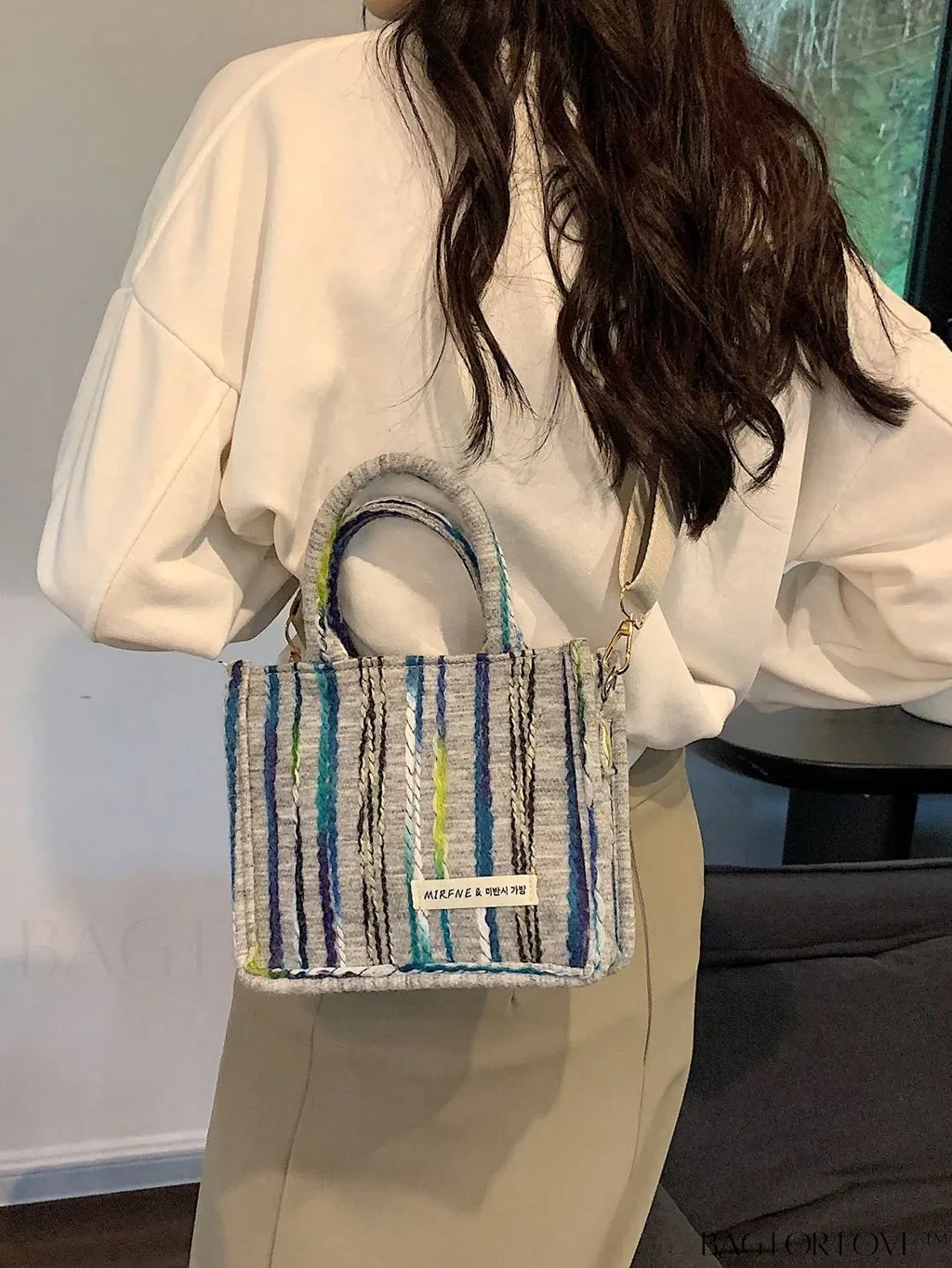 BagForLove - Chic Double Handle Colorblock Square Bag with Mini Letter Patch and Striped Pattern
