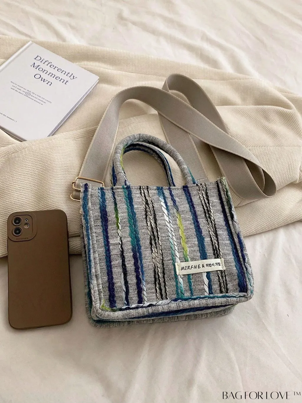 BagForLove - Chic Double Handle Colorblock Square Bag with Mini Letter Patch and Striped Pattern