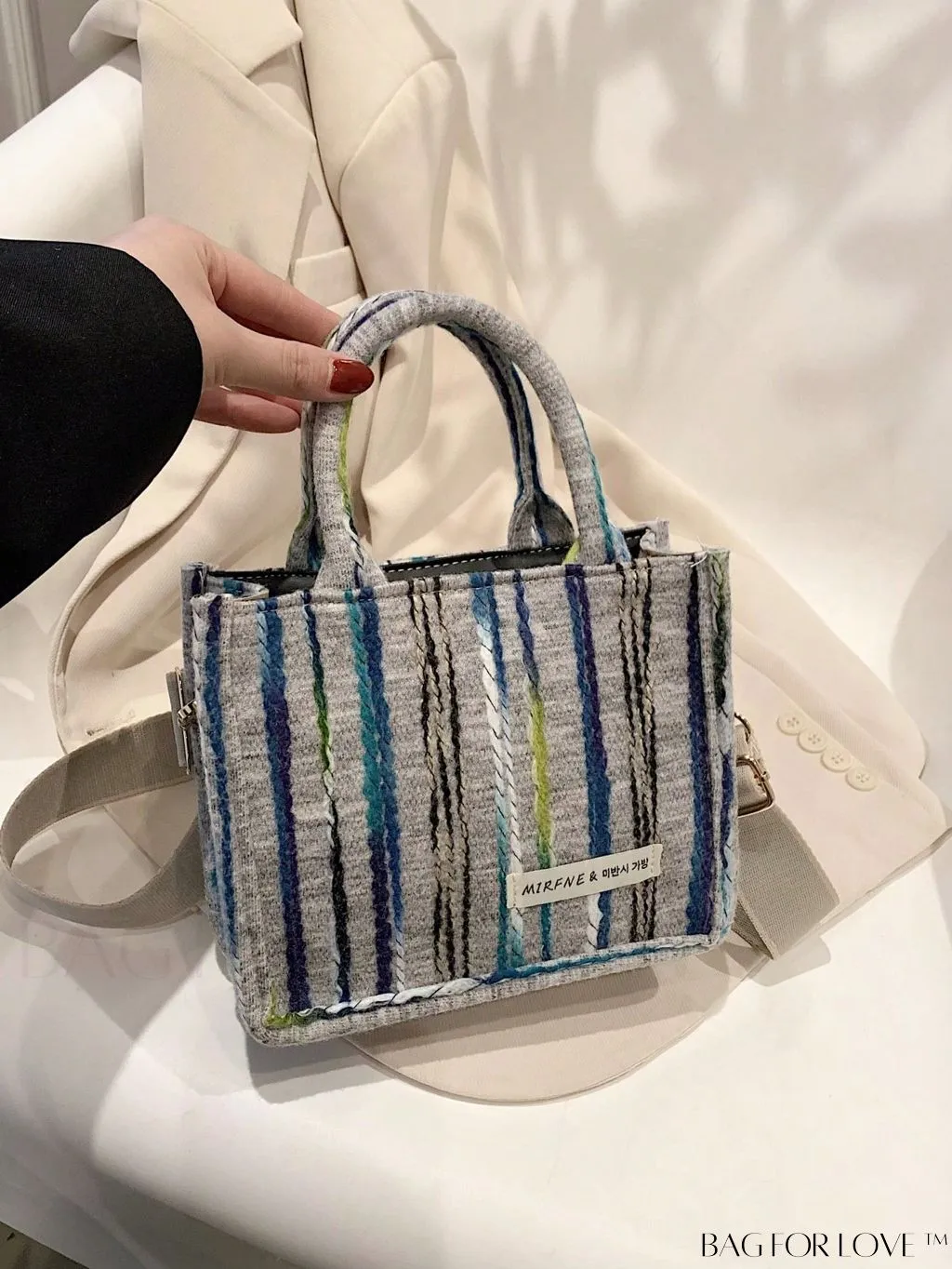 BagForLove - Chic Double Handle Colorblock Square Bag with Mini Letter Patch and Striped Pattern