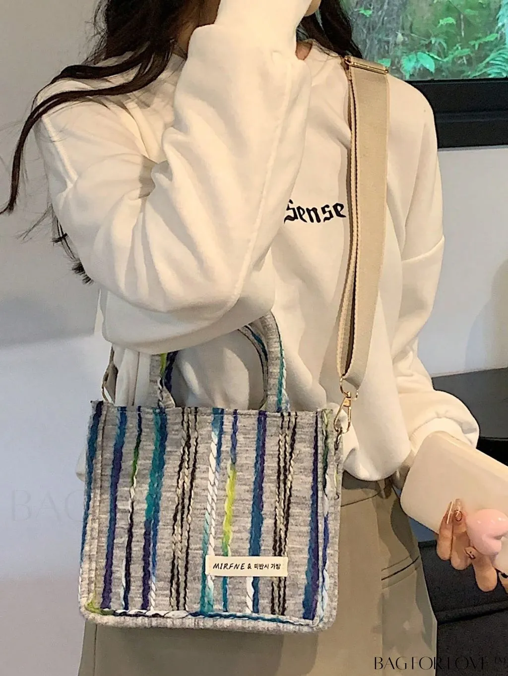 BagForLove - Chic Double Handle Colorblock Square Bag with Mini Letter Patch and Striped Pattern