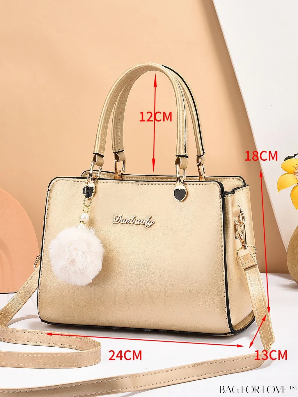 BagForLove - Chic Metallic Handbag with Letter Tag and Pendant, Featuring Glossy Edgy Style