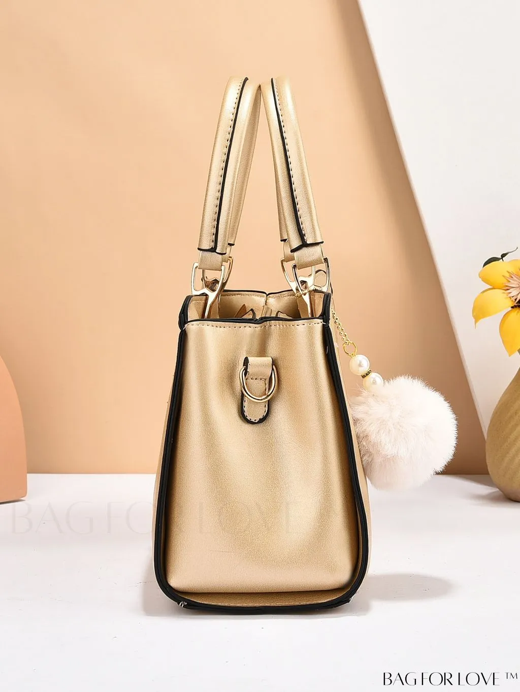 BagForLove - Chic Metallic Handbag with Letter Tag and Pendant, Featuring Glossy Edgy Style