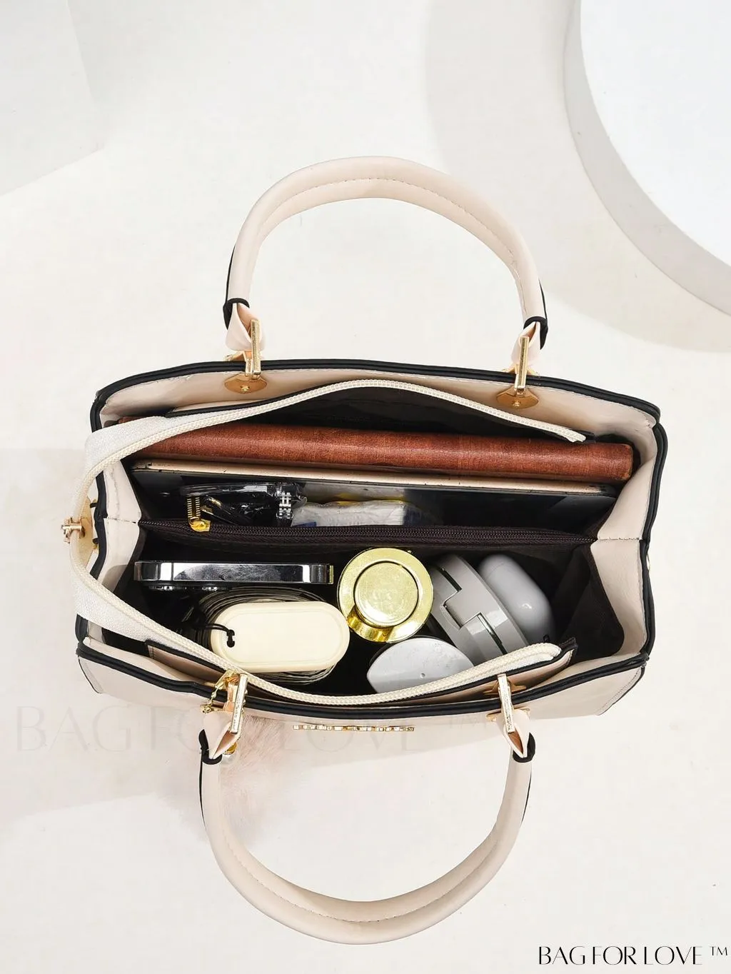 BagForLove - Chic Metallic Handbag with Letter Tag and Pendant, Featuring Glossy Edgy Style