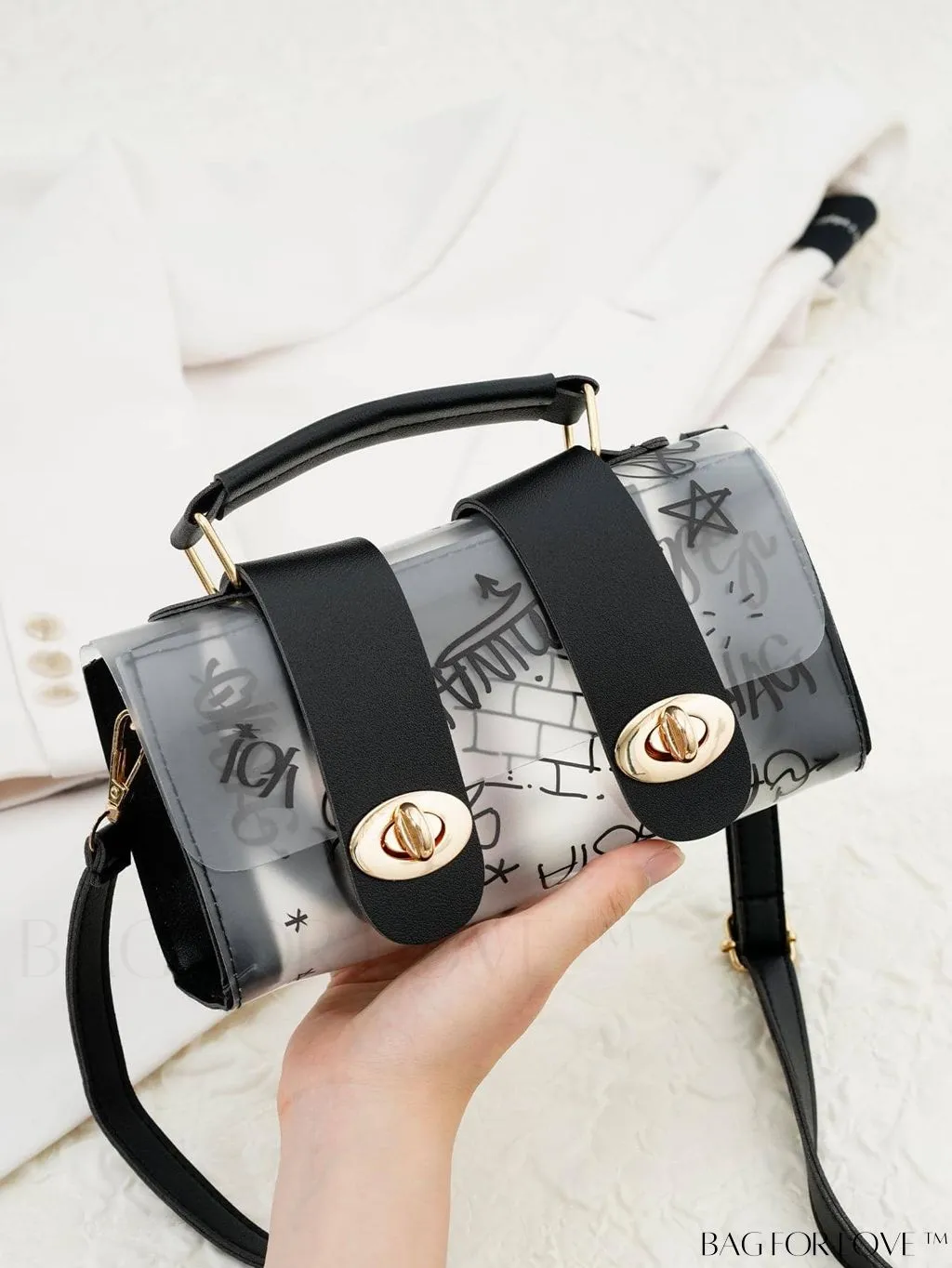 BagForLove - Chic Shoulder Bag with Transparent Flap and Trendy Graffiti Pattern