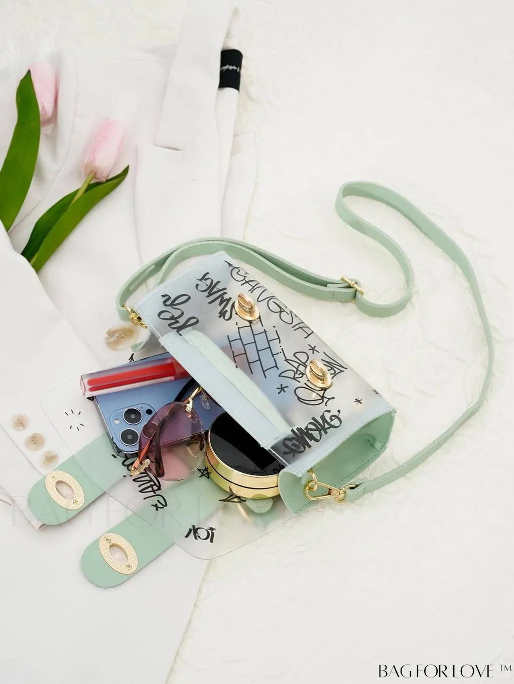 BagForLove - Chic Shoulder Bag with Transparent Flap and Trendy Graffiti Pattern