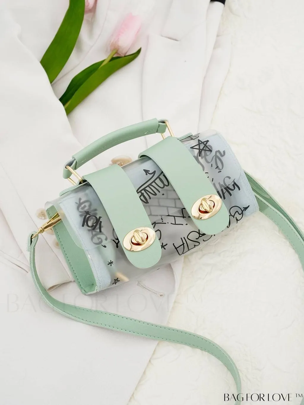 BagForLove - Chic Shoulder Bag with Transparent Flap and Trendy Graffiti Pattern