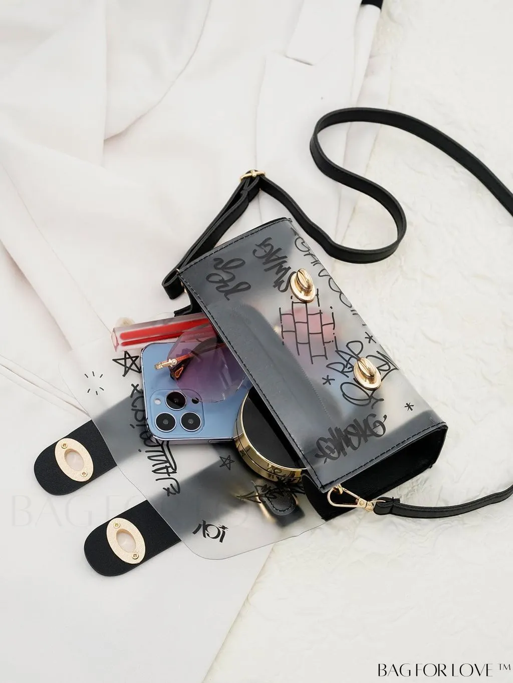 BagForLove - Chic Shoulder Bag with Transparent Flap and Trendy Graffiti Pattern