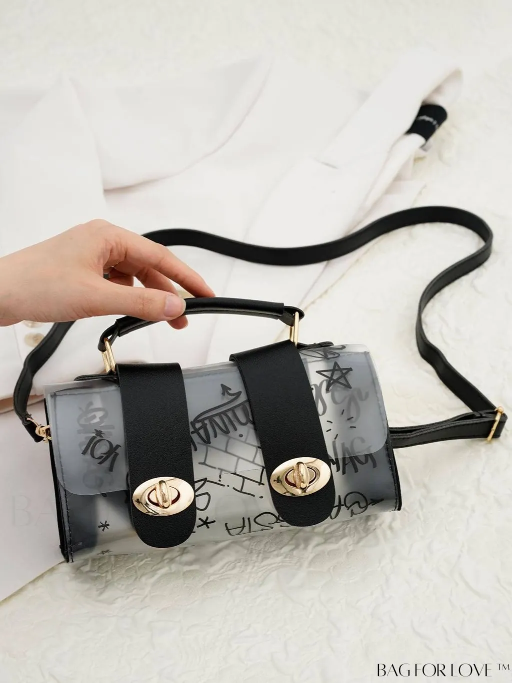 BagForLove - Chic Shoulder Bag with Transparent Flap and Trendy Graffiti Pattern