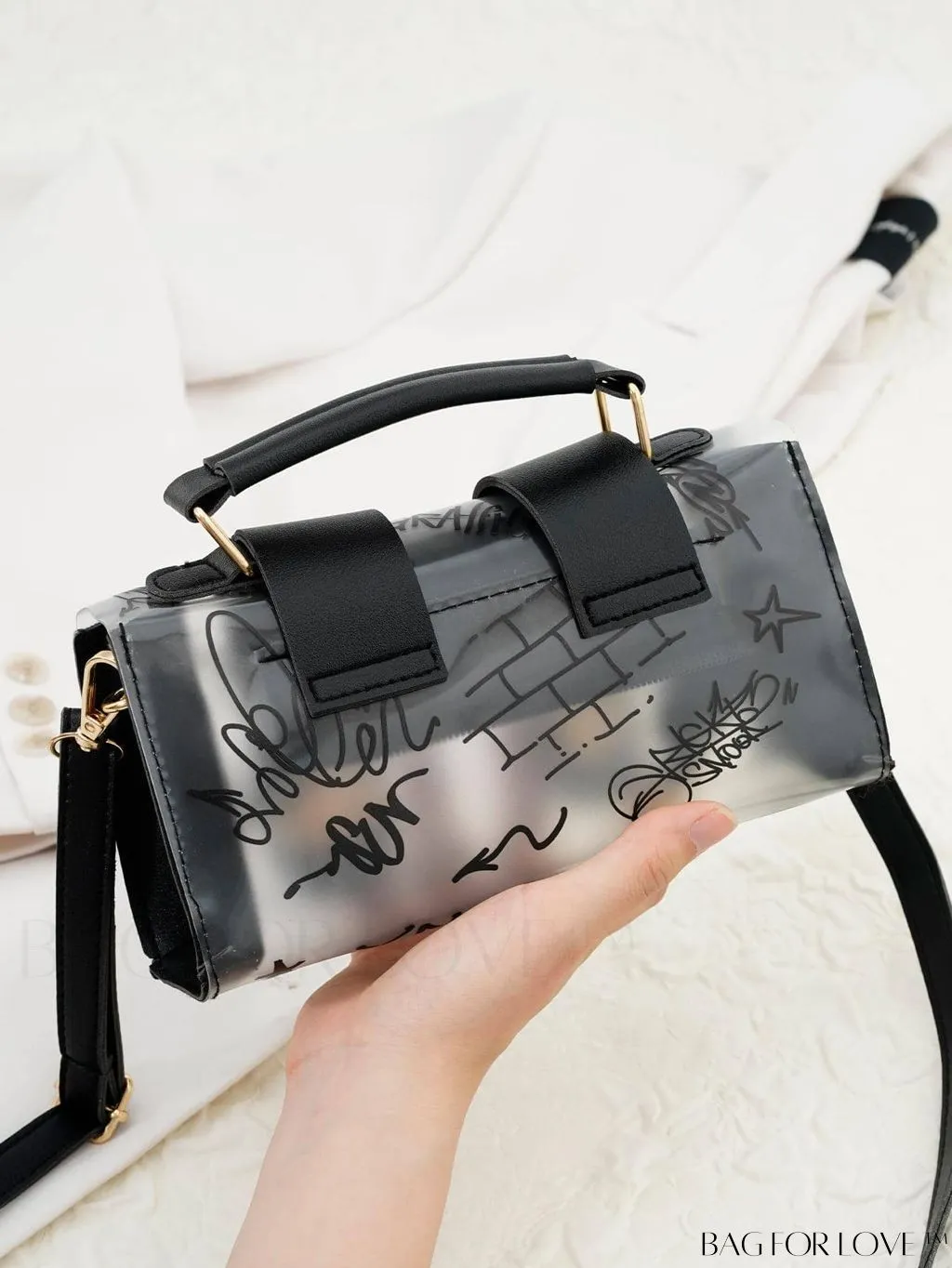 BagForLove - Chic Shoulder Bag with Transparent Flap and Trendy Graffiti Pattern