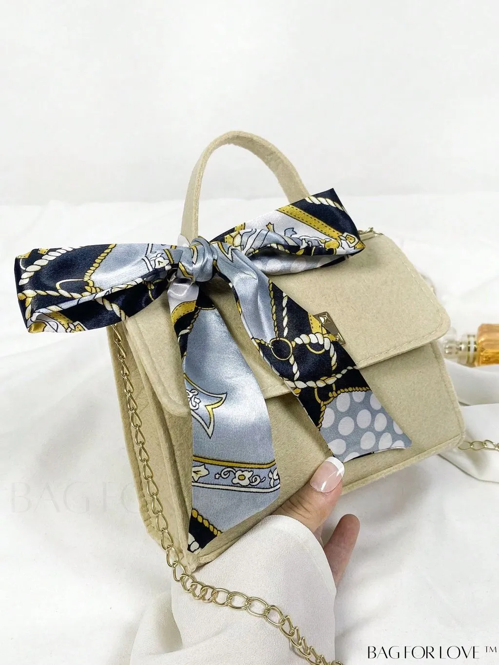 BagForLove - Chic Top Handle Flap Bag with Chain, Twilly Scarf Decoration - Mini Square Size