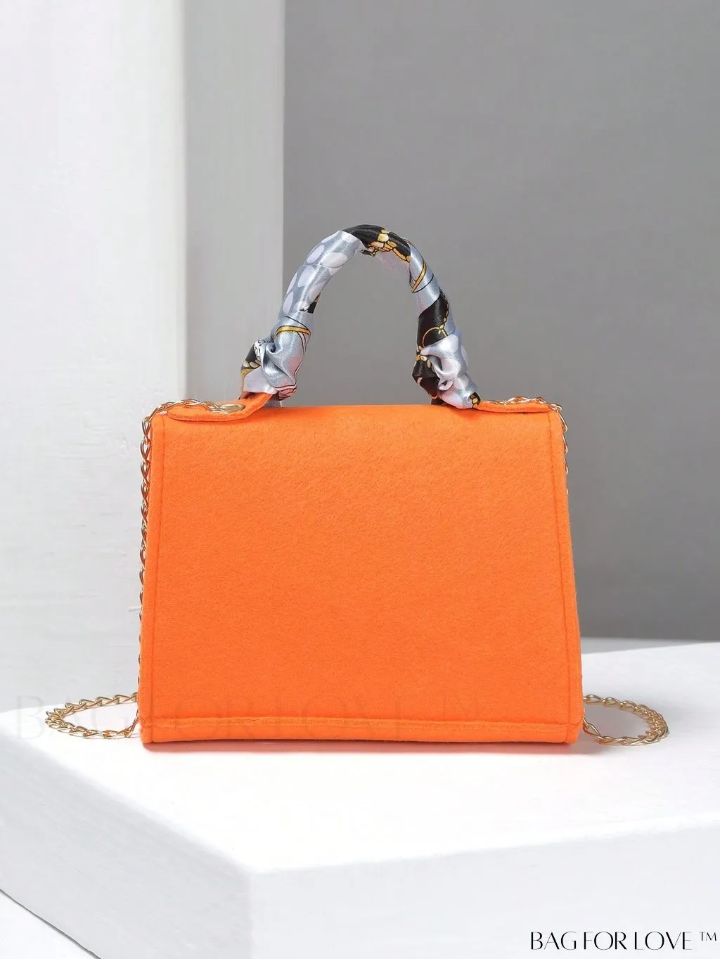 BagForLove - Chic Top Handle Flap Bag with Chain, Twilly Scarf Decoration - Mini Square Size