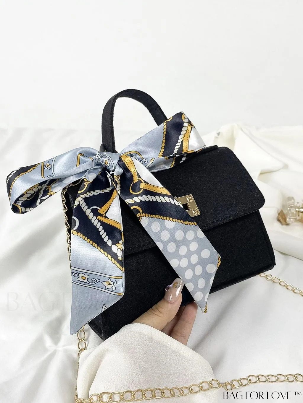 BagForLove - Chic Top Handle Flap Bag with Chain, Twilly Scarf Decoration - Mini Square Size