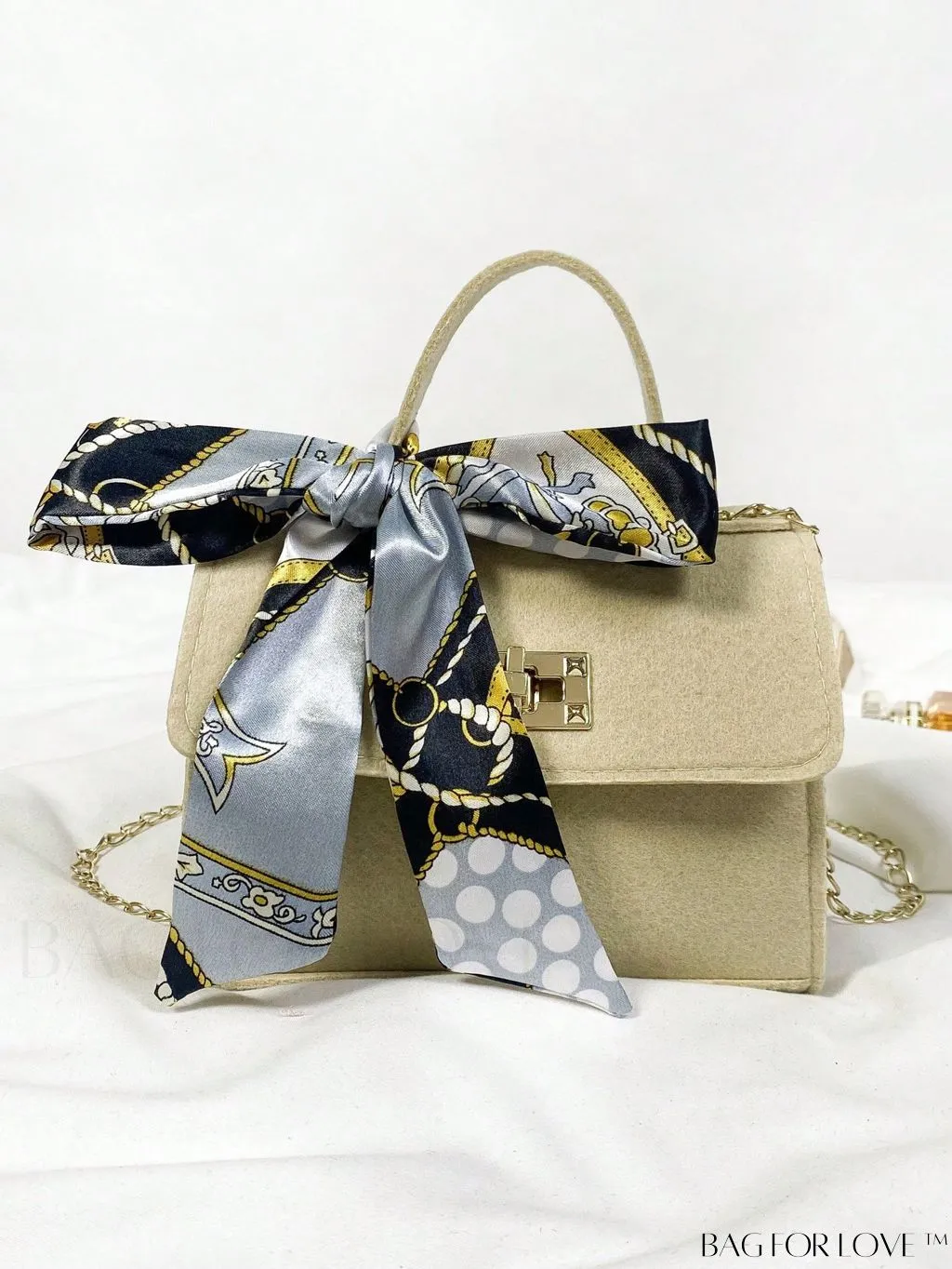 BagForLove - Chic Top Handle Flap Bag with Chain, Twilly Scarf Decoration - Mini Square Size