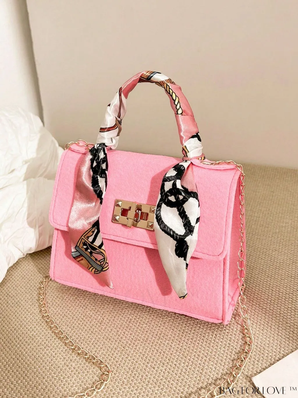 BagForLove - Chic Top Handle Flap Bag with Chain, Twilly Scarf Decoration - Mini Square Size