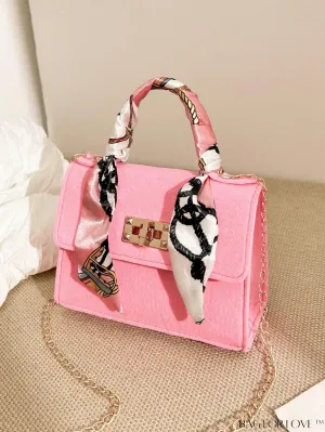 BagForLove - Chic Top Handle Flap Bag with Chain, Twilly Scarf Decoration - Mini Square Size