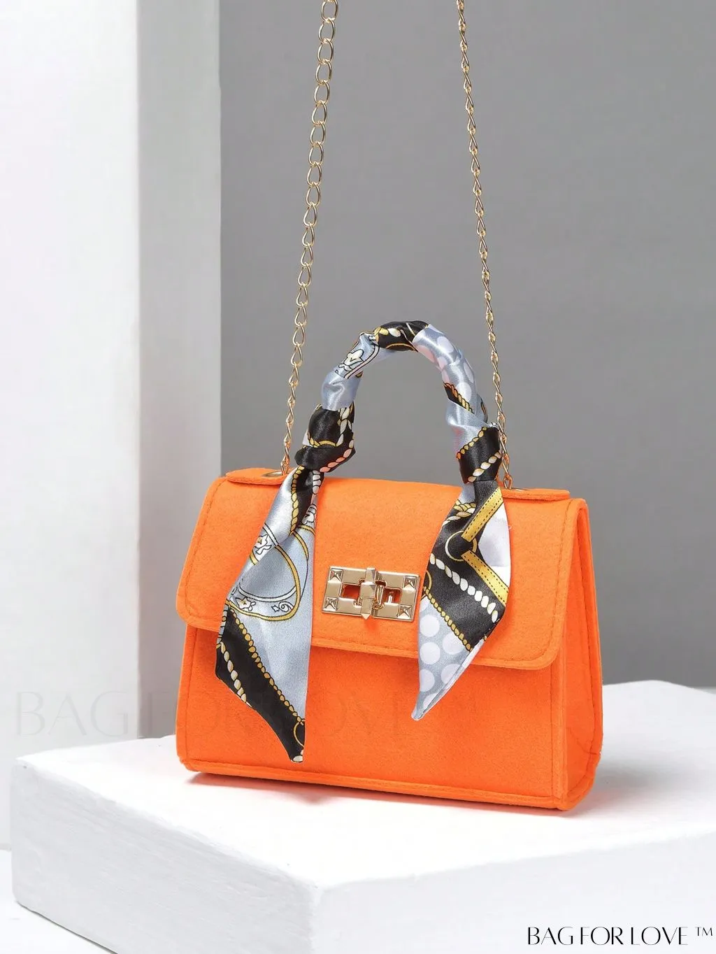 BagForLove - Chic Top Handle Flap Bag with Chain, Twilly Scarf Decoration - Mini Square Size