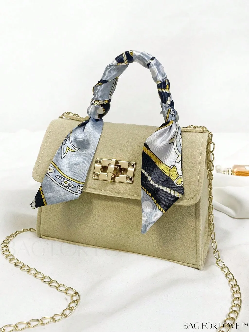 BagForLove - Chic Top Handle Flap Bag with Chain, Twilly Scarf Decoration - Mini Square Size