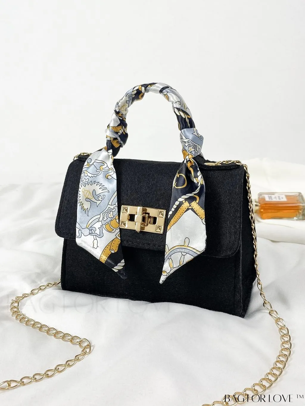 BagForLove - Chic Top Handle Flap Bag with Chain, Twilly Scarf Decoration - Mini Square Size