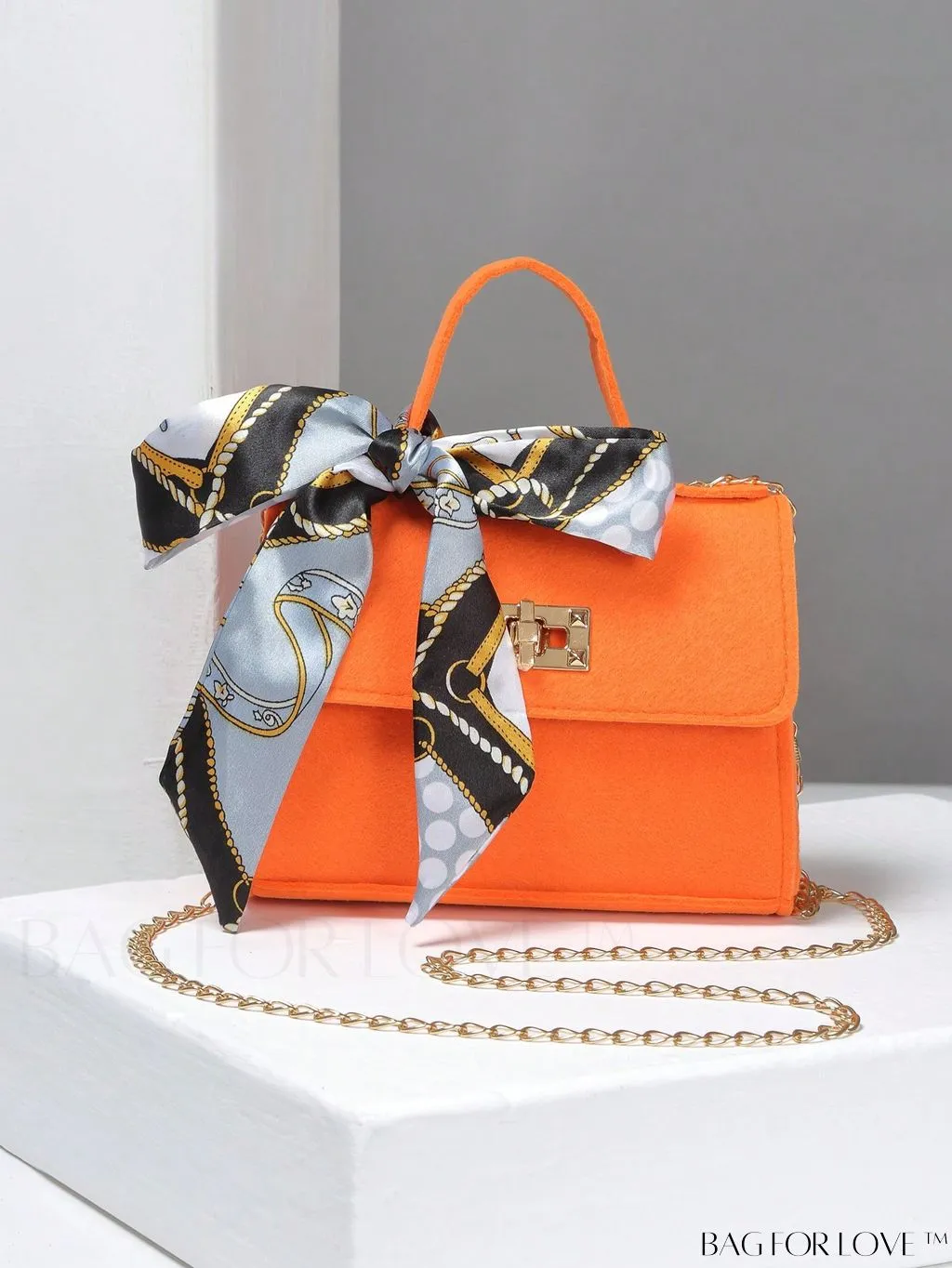 BagForLove - Chic Top Handle Flap Bag with Chain, Twilly Scarf Decoration - Mini Square Size