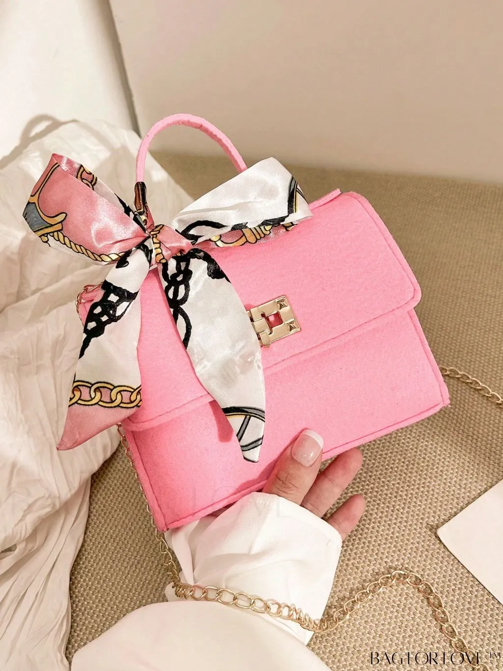 BagForLove - Chic Top Handle Flap Bag with Chain, Twilly Scarf Decoration - Mini Square Size