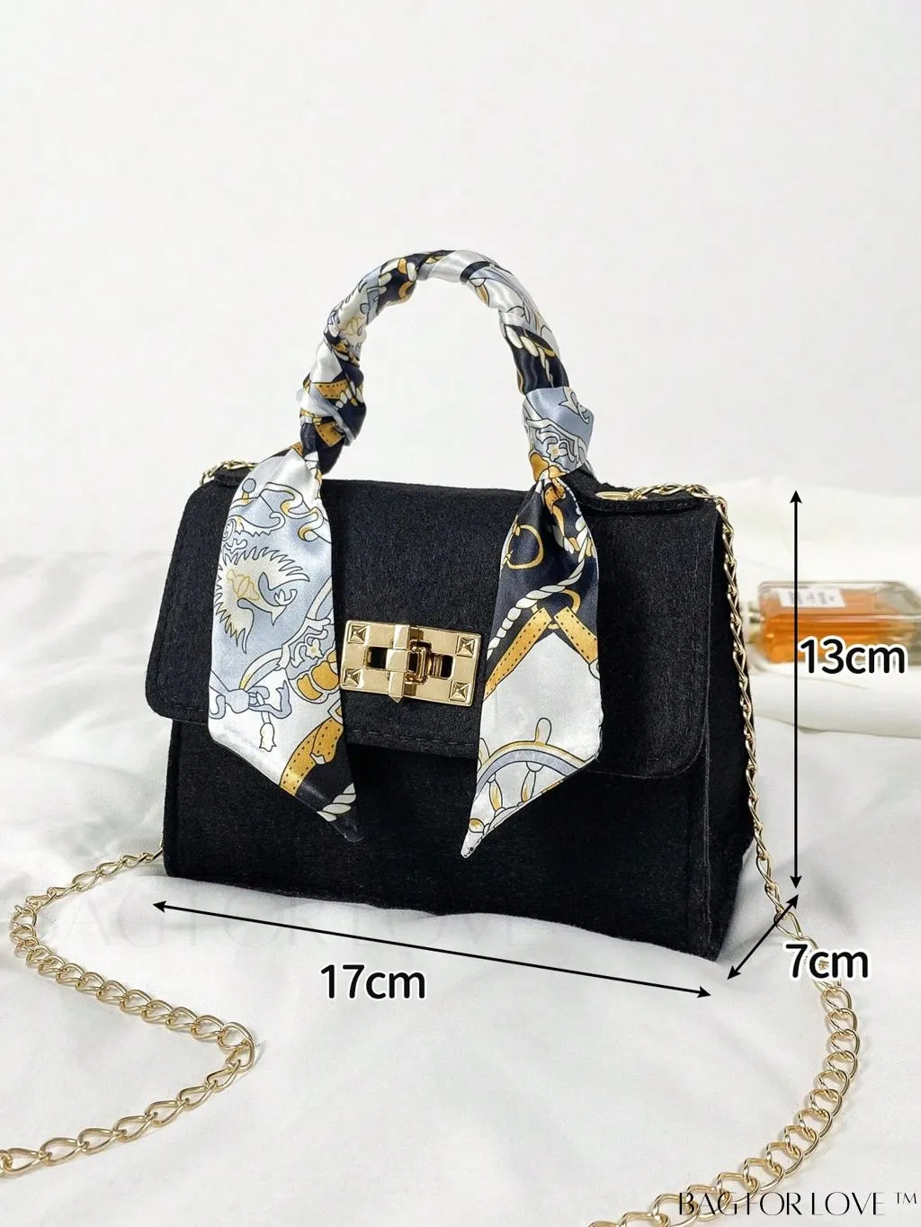 BagForLove - Chic Top Handle Flap Bag with Chain, Twilly Scarf Decoration - Mini Square Size