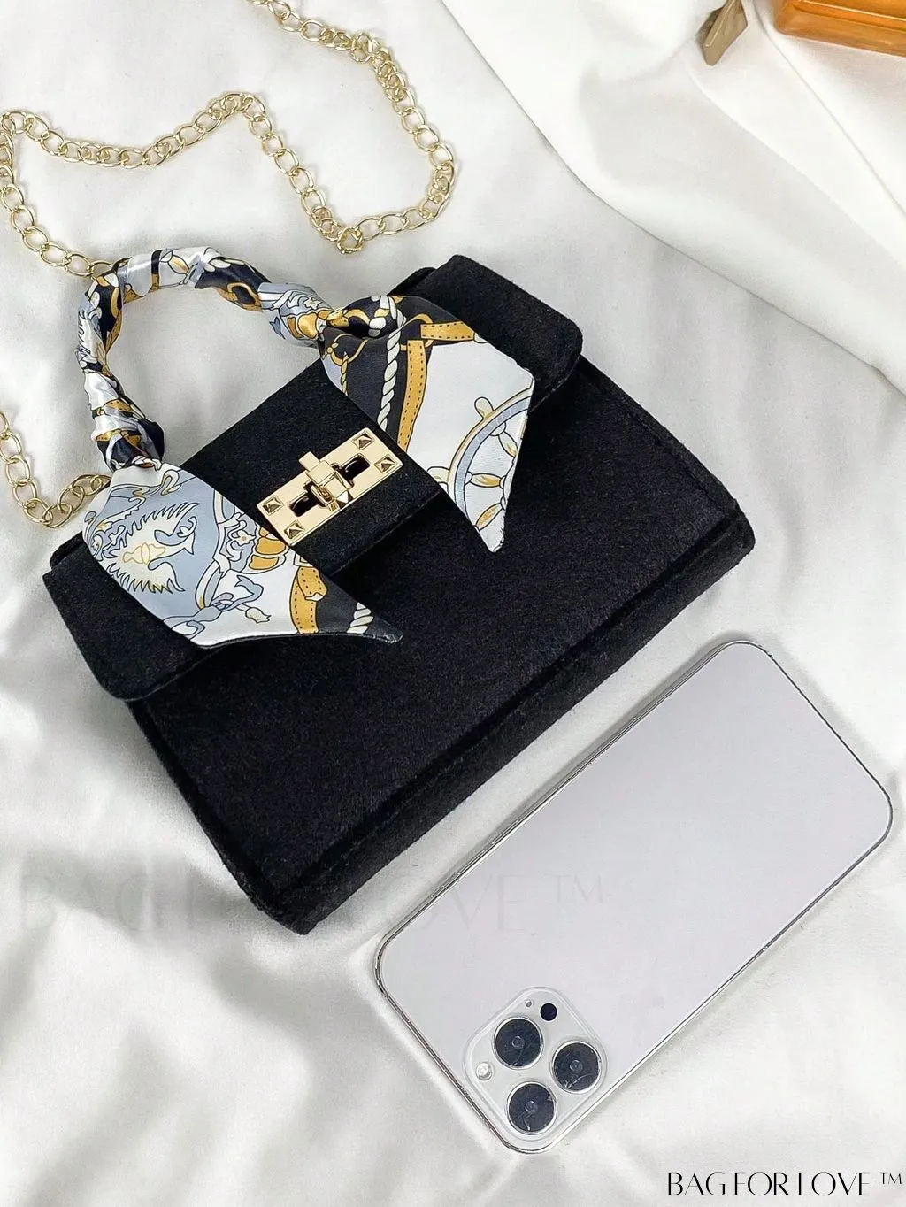 BagForLove - Chic Top Handle Flap Bag with Chain, Twilly Scarf Decoration - Mini Square Size