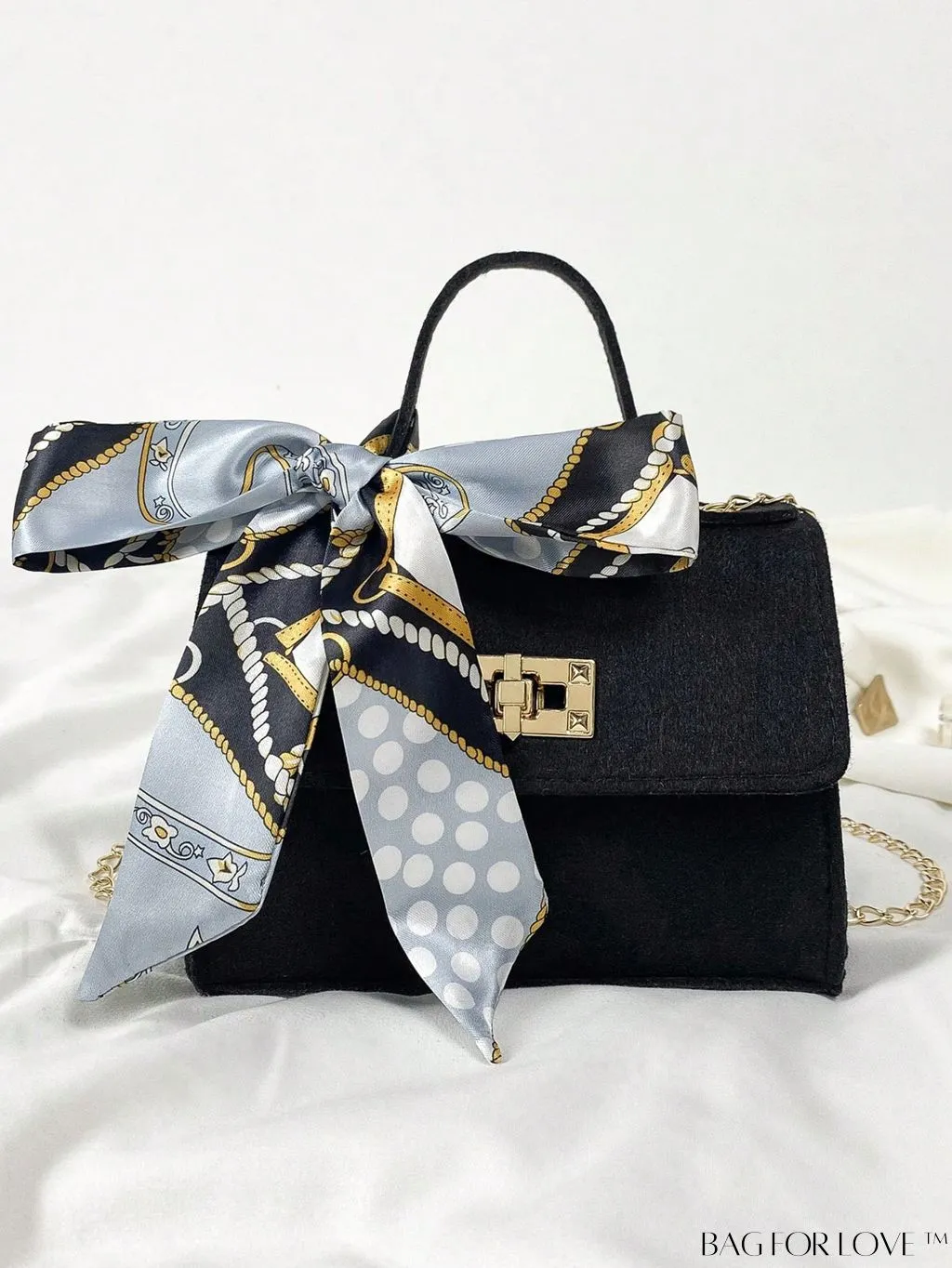 BagForLove - Chic Top Handle Flap Bag with Chain, Twilly Scarf Decoration - Mini Square Size