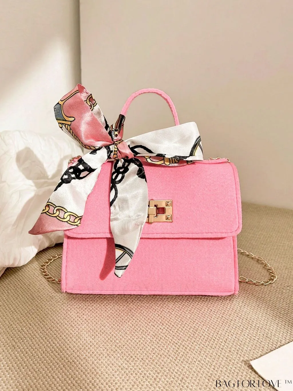 BagForLove - Chic Top Handle Flap Bag with Chain, Twilly Scarf Decoration - Mini Square Size