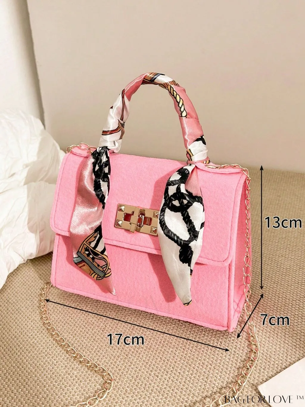 BagForLove - Chic Top Handle Flap Bag with Chain, Twilly Scarf Decoration - Mini Square Size