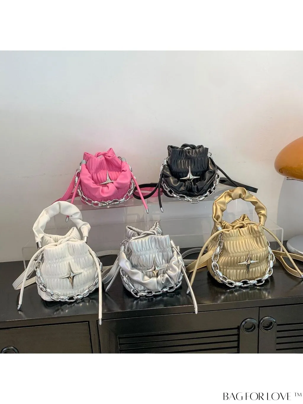 BagForLove - Chic White Drawstring Bucket Bag with Elegant Metal Chain Accent