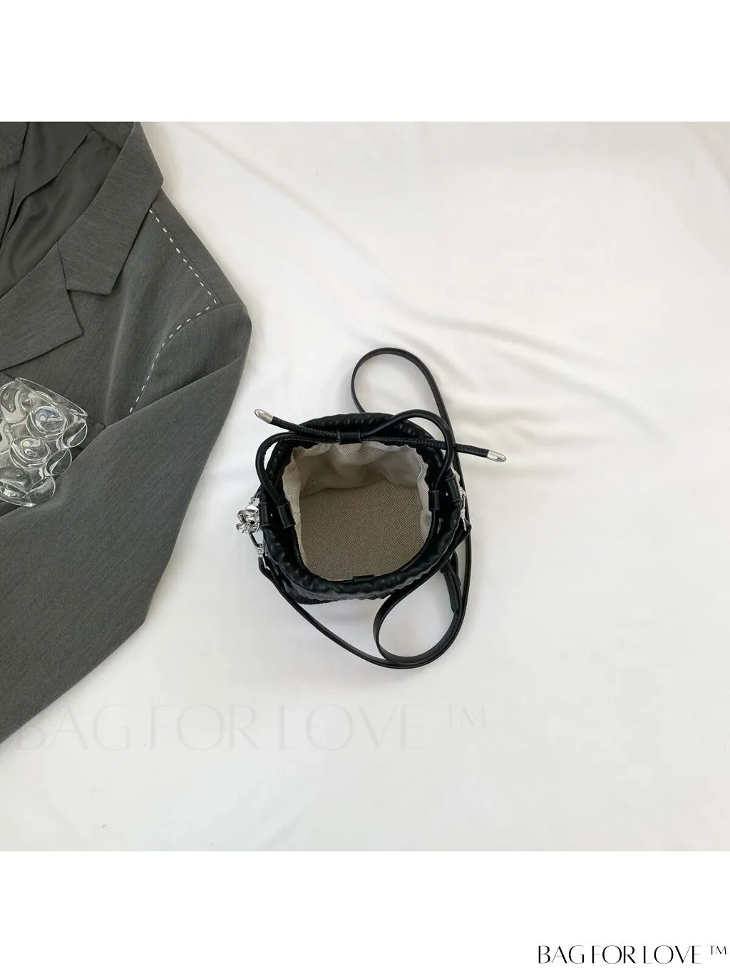 BagForLove - Chic White Drawstring Bucket Bag with Elegant Metal Chain Accent