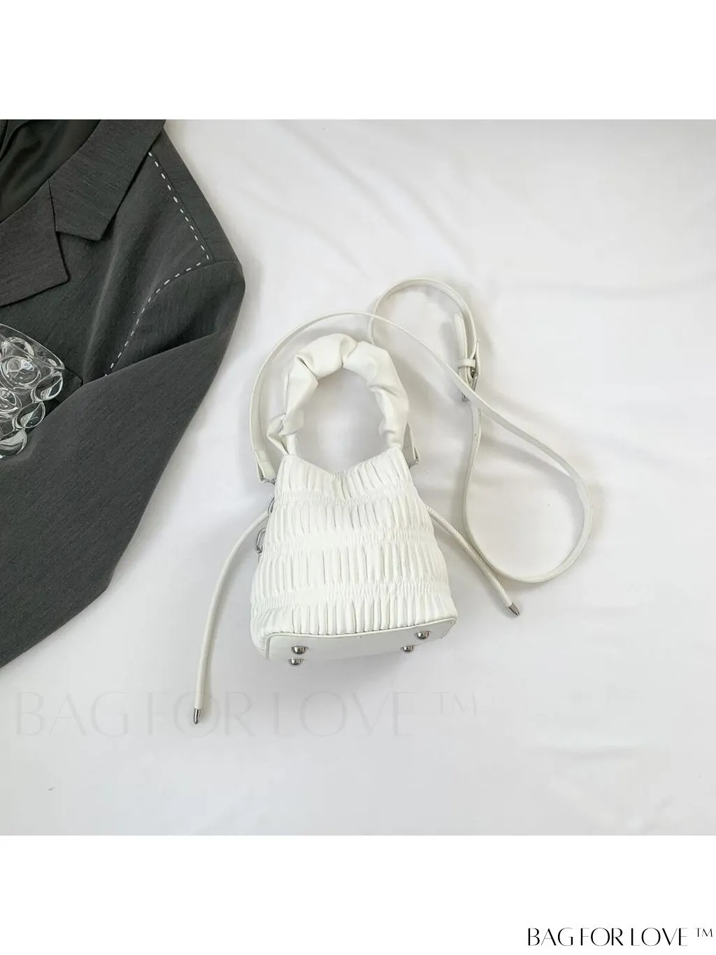 BagForLove - Chic White Drawstring Bucket Bag with Elegant Metal Chain Accent