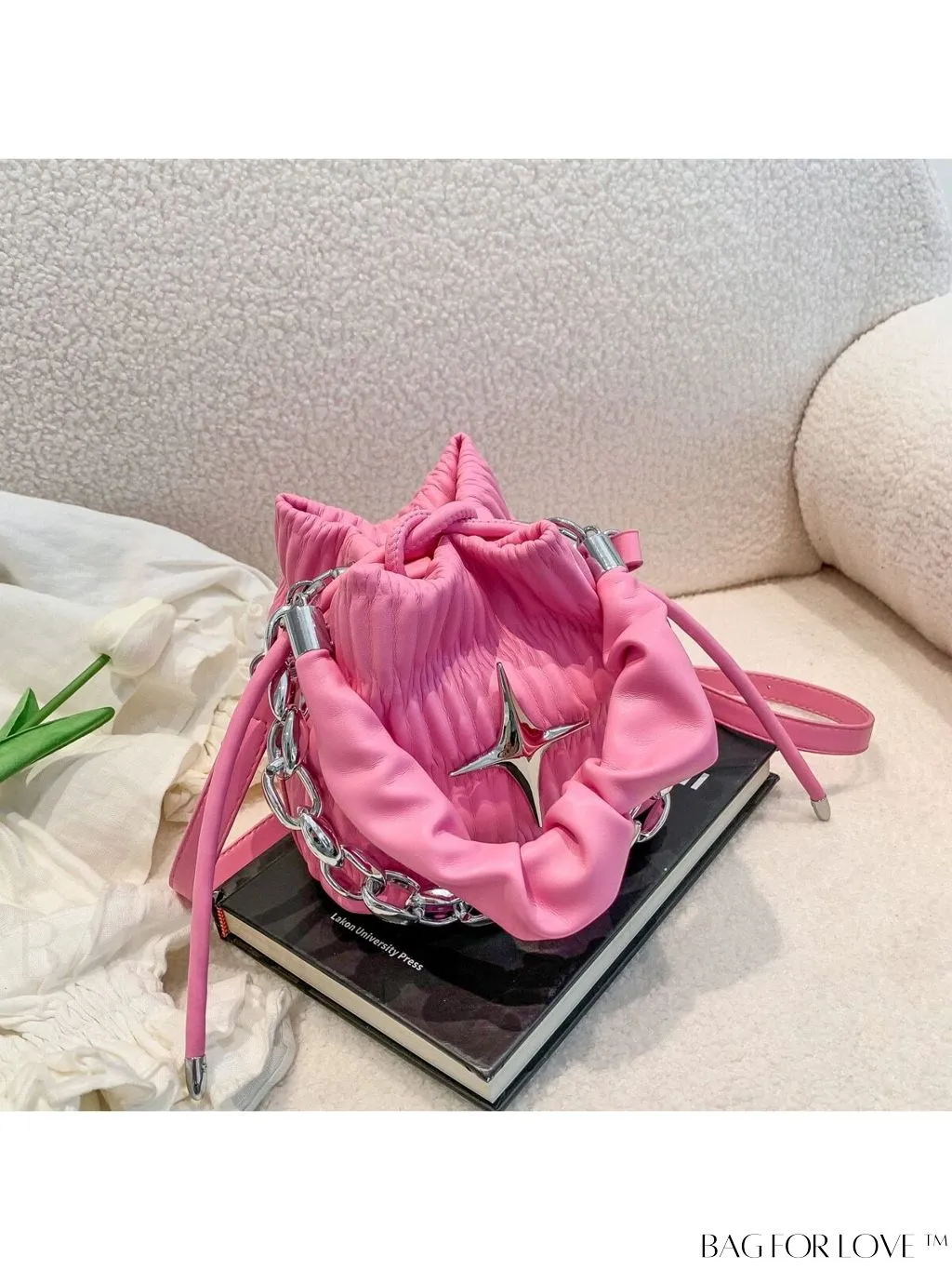 BagForLove - Chic White Drawstring Bucket Bag with Elegant Metal Chain Accent