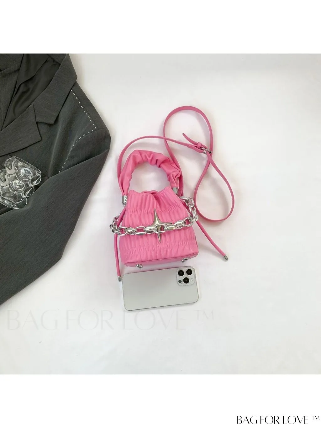 BagForLove - Chic White Drawstring Bucket Bag with Elegant Metal Chain Accent