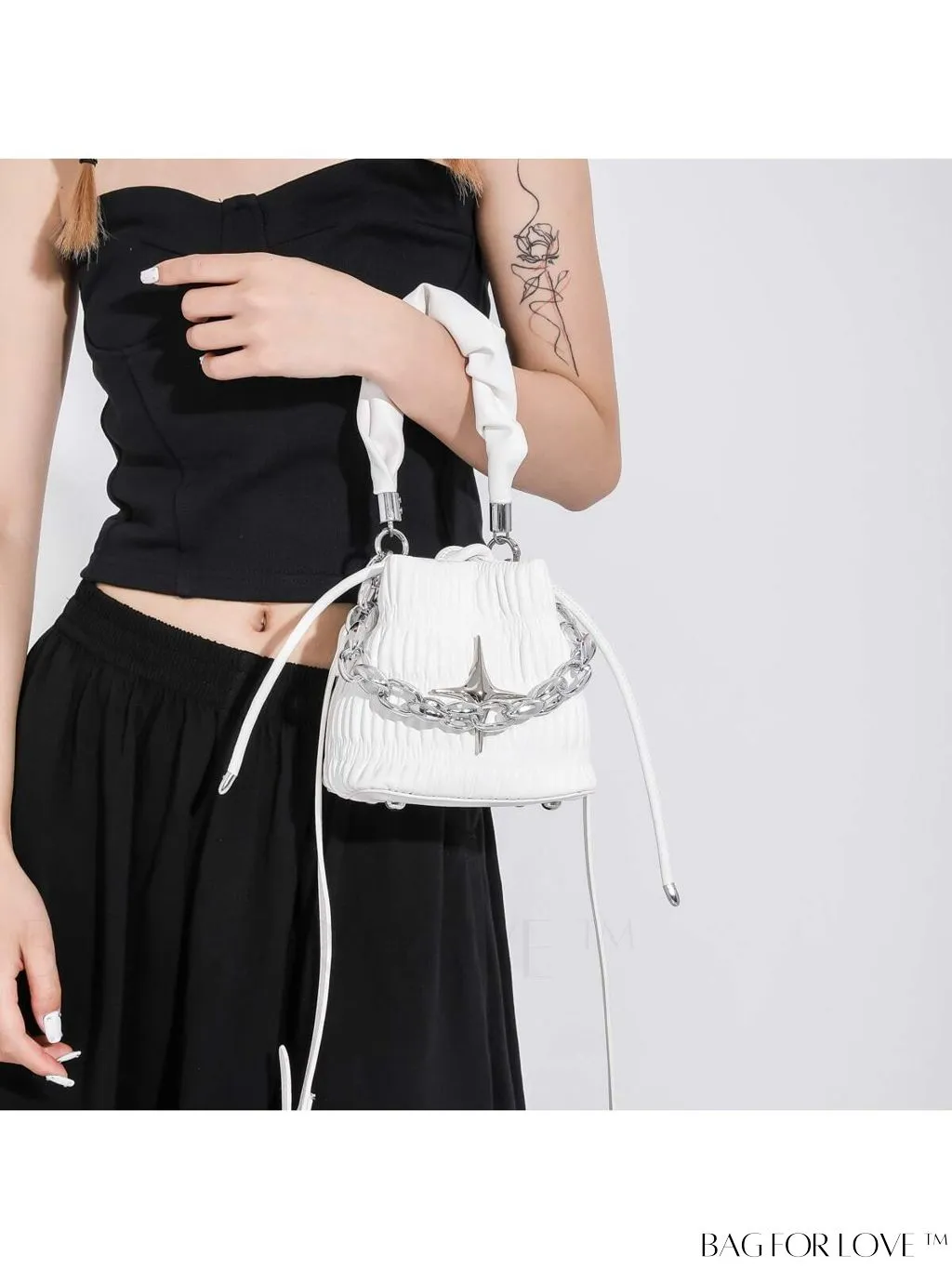 BagForLove - Chic White Drawstring Bucket Bag with Elegant Metal Chain Accent