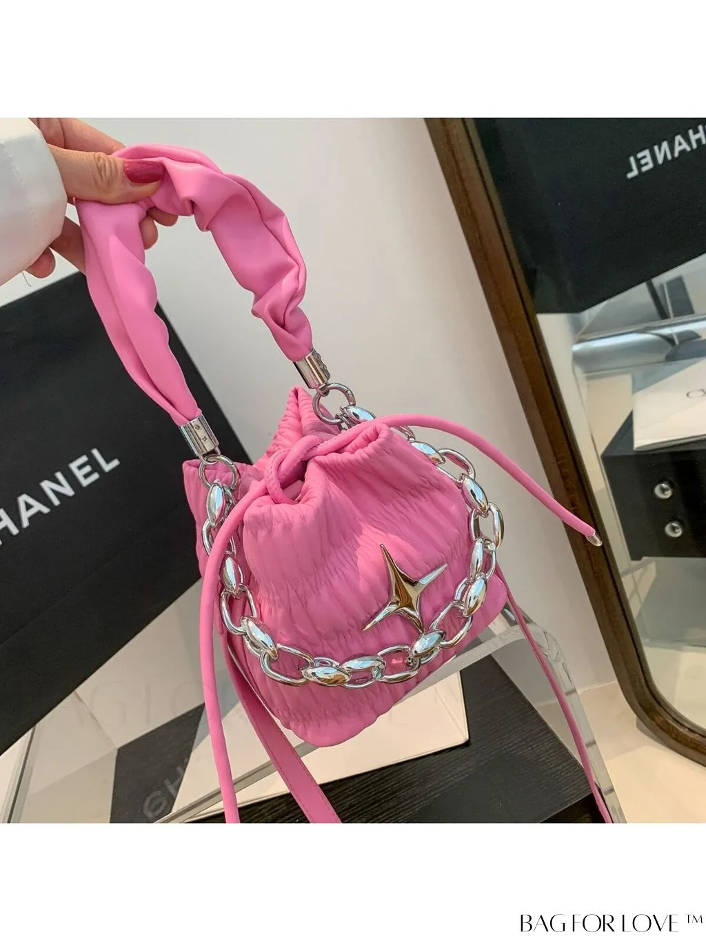 BagForLove - Chic White Drawstring Bucket Bag with Elegant Metal Chain Accent